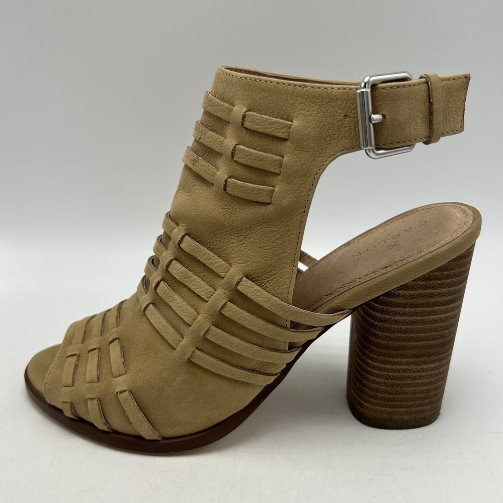 Caslon Sandals Womens 9 M Beige Leather Block Heel Buckle Neutral 4" Nordstrom